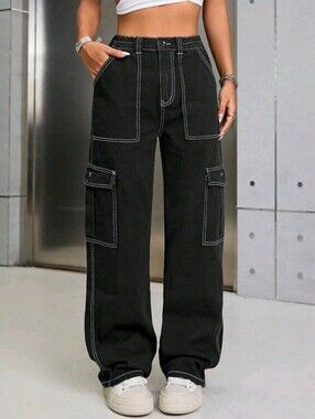 Y2K Style Denim Cargo Jeans Black & White